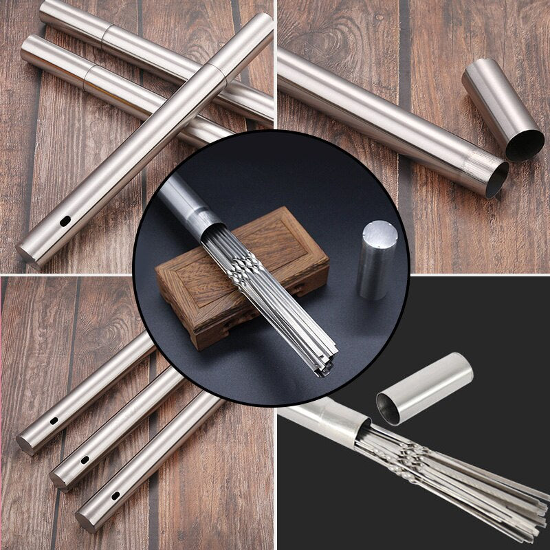 Stainless steel barbecue skewer storage tube with flat BBQ forks on wooden surface.