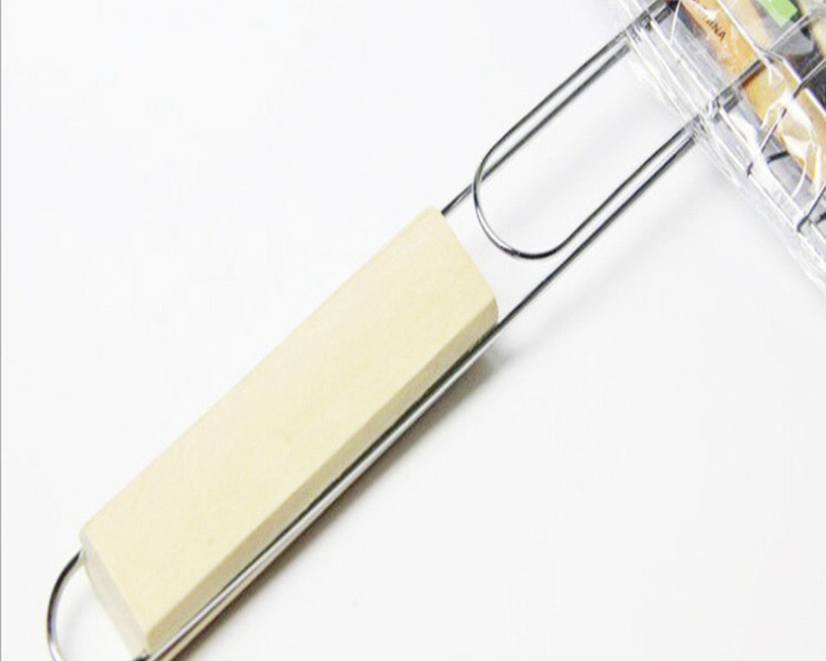 Stainless steel barbecue grilling basket with wooden handle for grilling meat, fish, and vegetables.