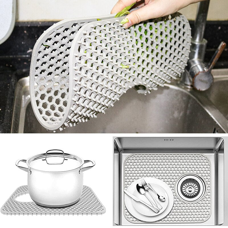 Silicone kitchen sink protectors with grid design, heat resistant, 34x29cm, for stainless steel sinks.