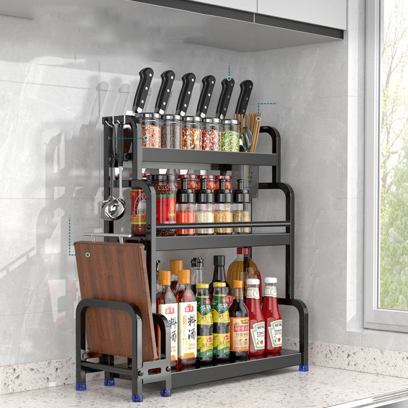 2/3-layers stainless steel kitchen storage rack with removable hooks, holding knives, jars, and condiments.