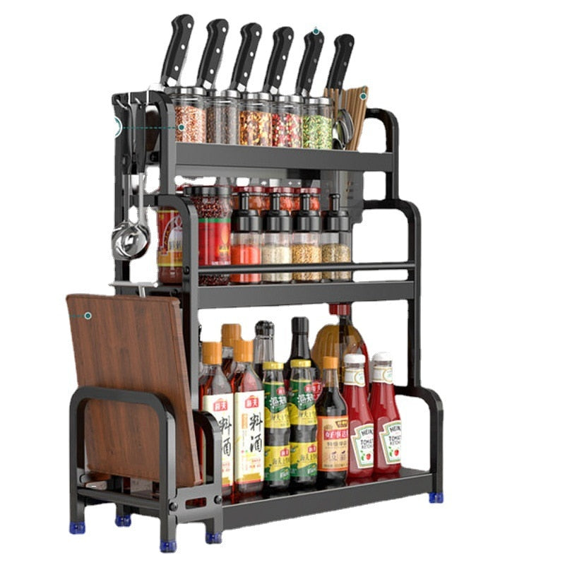 Stainless steel kitchen storage rack with 2/3 tiers for organizing spices, knives, chopsticks, and jars.