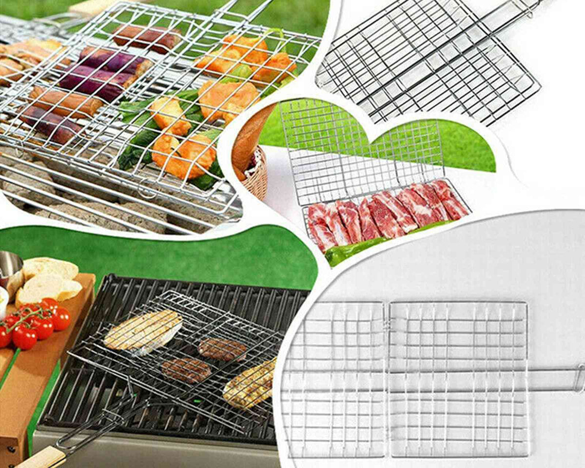Stainless steel barbecue grilling basket with wooden handle for meat, fish, and vegetables.
