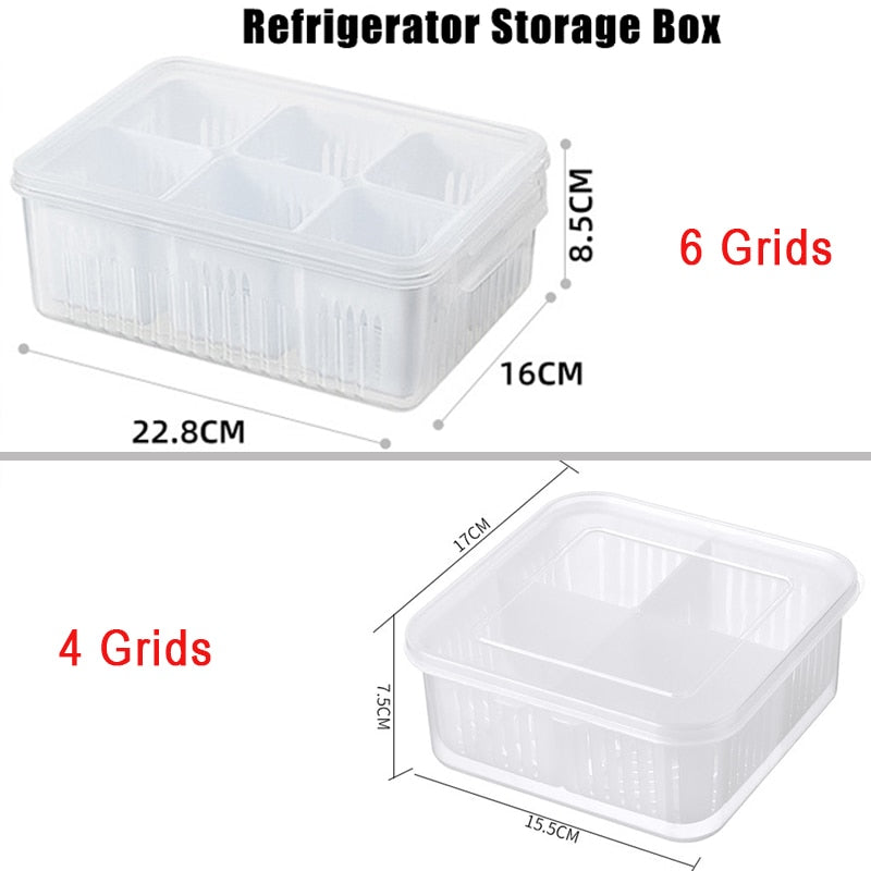 Refrigerator Storage Box 4/6 Grid Food Vegetable Fruit Storage Box FriRefrigerator Storage Box 4/6 Grids Food Vegetable Fruit Storage Box
Feature:

1. The grid design of the compartment part is convenient to use, sealed and fresh, and TheWellBeing1Refrigerator Storage Box 4/6 Grid Food Vegetable Fruit Storage Box Fridge Organizer Drain Basket Meat Onion Ginger Clear CrisperCulinaryWellBeing