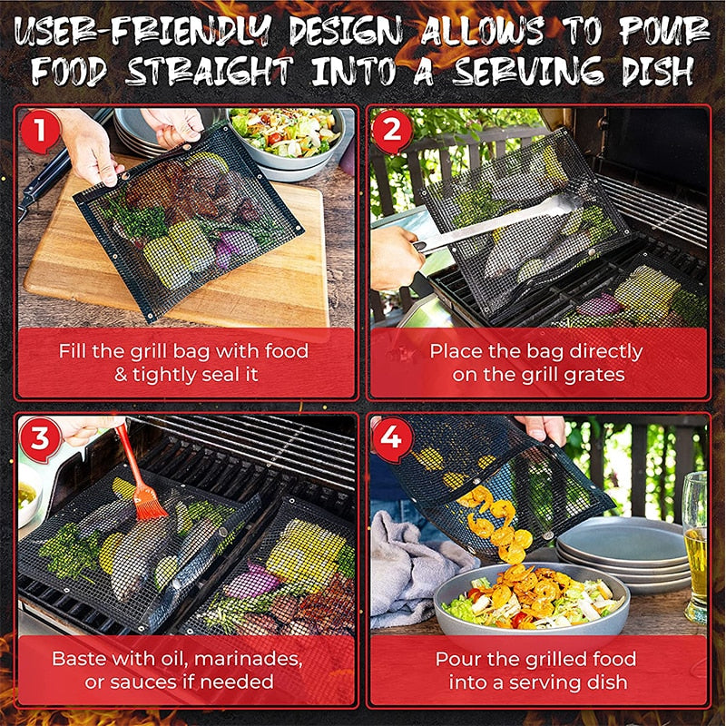 Reusable non-stick mesh grill bags for BBQ, easy to use and safe, perfect for grilling vegetables and meats.