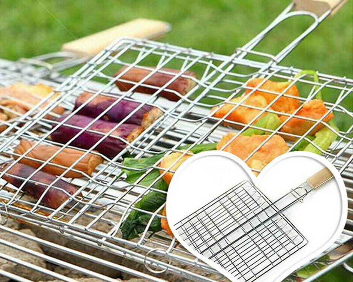 Stainless steel barbecue grilling basket with wooden handle, perfect for grilling steak, meat, fish, and vegetables.