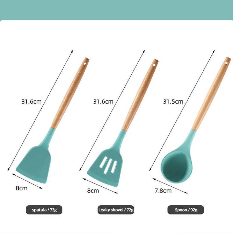 Wooden handle silicone kitchen utensils with storage bucket, high temperature resistant, non-stick spatula and spoon set in light green.