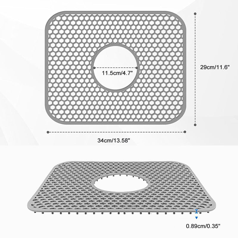 Silicone sink protector mat with grid design, 34x29cm, heat-resistant for kitchen sinks.