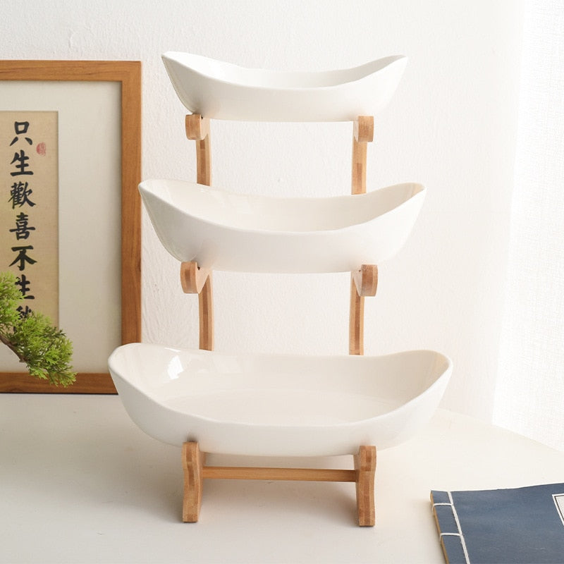 White Fruit Plates With Wood Holder Oval Serving Bowls for Party Food Server Display Stand Plastic Fruit Candy Dish 2/3 Tiers - Culinarywellbeing