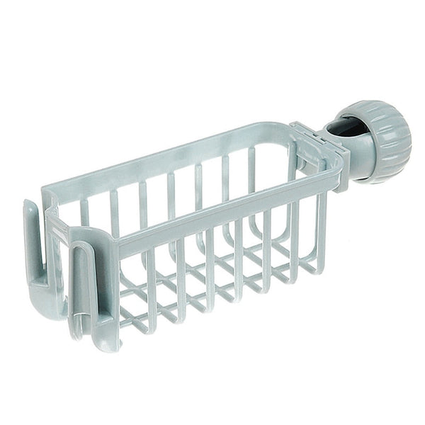 Sink sponge soap cloth drain rack storage organizer in blue, made of ABS+PP materials. Hollow design for easy draining, suitable for kitchens or bathrooms.
