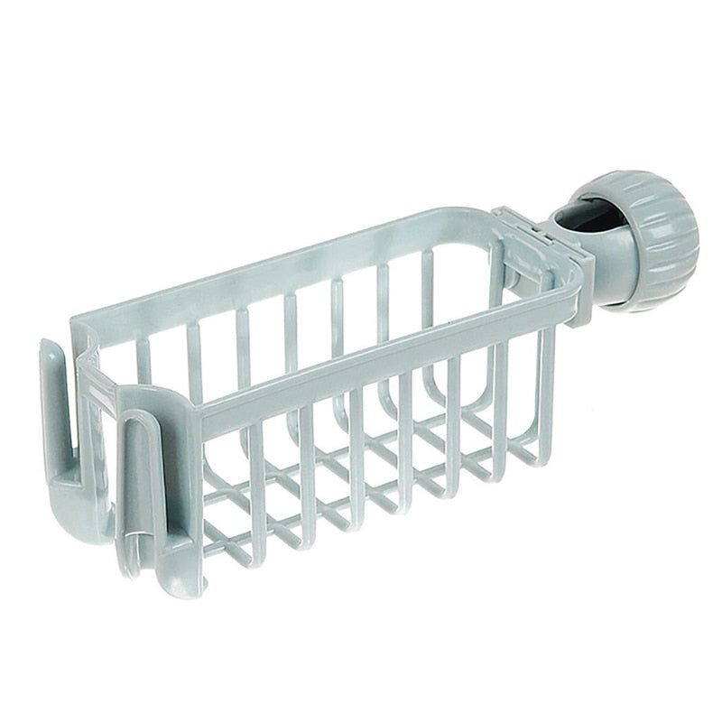 Sink sponge soap cloth drain rack storage organizer in blue, made of ABS+PP materials. Hollow design for easy draining, suitable for kitchens or bathrooms.