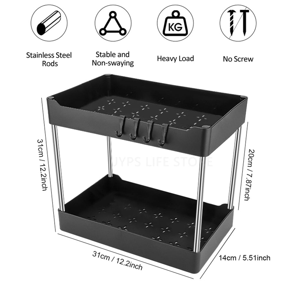 2 tier sink storage organizer with stainless steel rods and multipurpose rack design for bathroom or kitchen use.