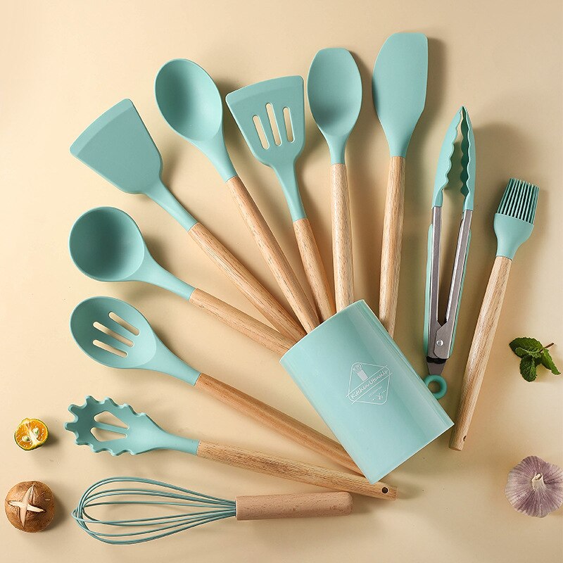 Wooden handle silicone kitchen utensils set with storage bucket, 12pcs, light green, non-stick and heat resistant.