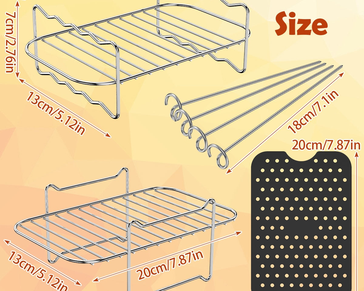 TheWellBeing™ 4-Piece Stainless Steel Air Fryer Accessories Set - SkewFood-Grade Safe Material
This air fryer accessories set includes 2 air fryer silicone mat, 2 stainless steel air fryer rack with 4 skewers, which is made of food-graTheWellBeing1TheWellBeing™ 4-Piece Stainless Steel Air Fryer Accessories Set - Skewers Rack, Silicone Mat,CulinaryWellBeing