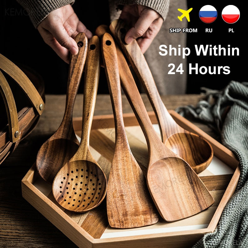 Thailand Teak Natural Wood Tableware Spoon Ladle Turner Long Rice Colander Soup Skimmer Cooking Spoons Scoop Kitchen Tool Set - Culinarywellbeing