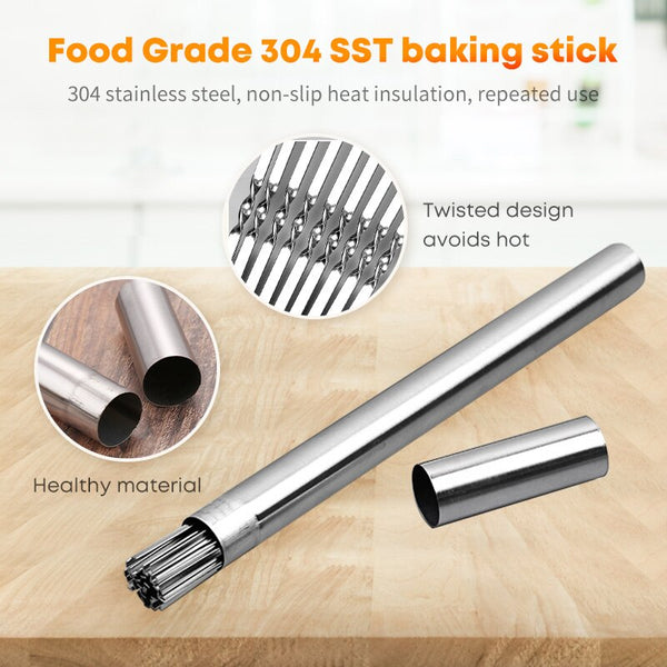 Stainless steel barbecue skewer storage tube with heat insulation and twist design for charcoal grilling.