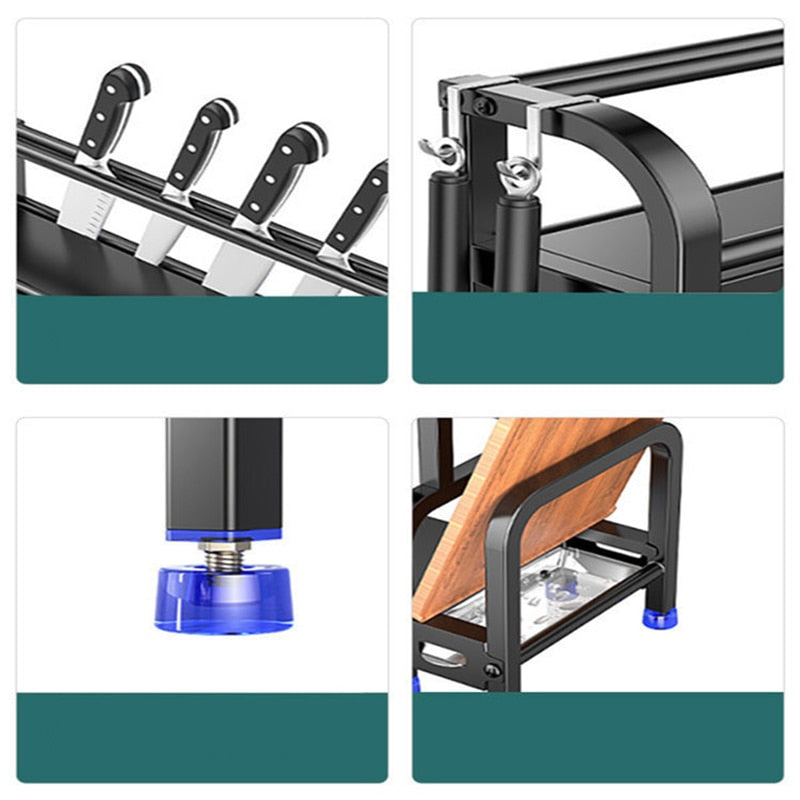 Stainless steel storage rack with knife holder, hooks, and adjustable feet.