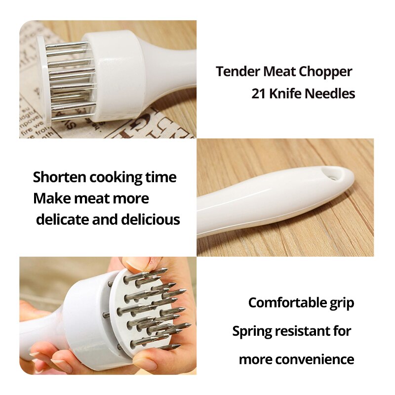 Stainless steel tender meat needle tool with comfortable grip for tenderizing steaks and shortening cooking time.