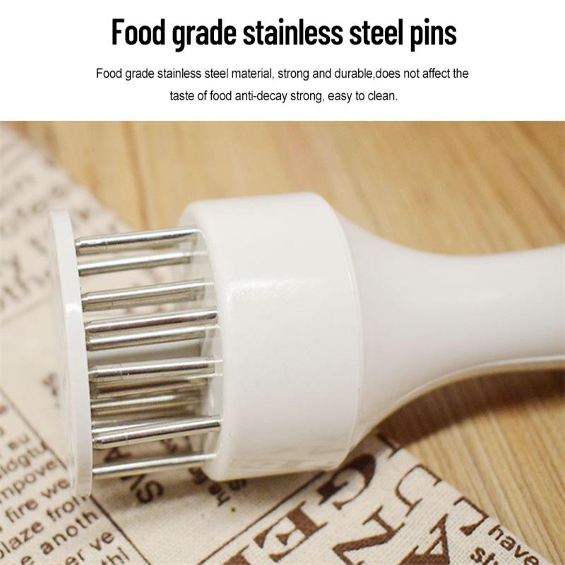 Stainless steel and plastic meat tenderizer needle tool for loosening meat.