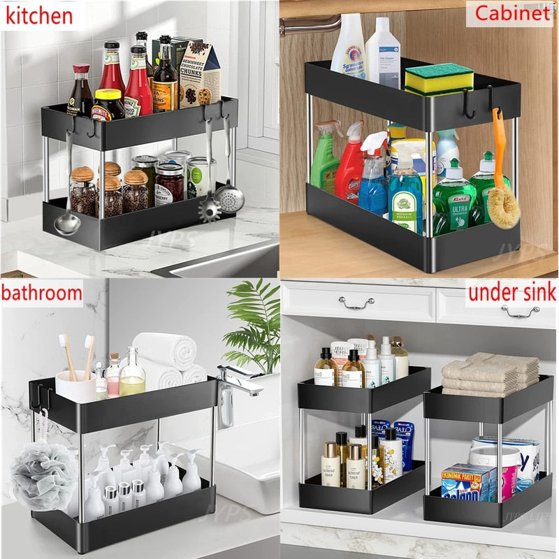 Sink Storage Organizer with 2-Tier Multipurpose Rack for Kitchen and Bathroom.
