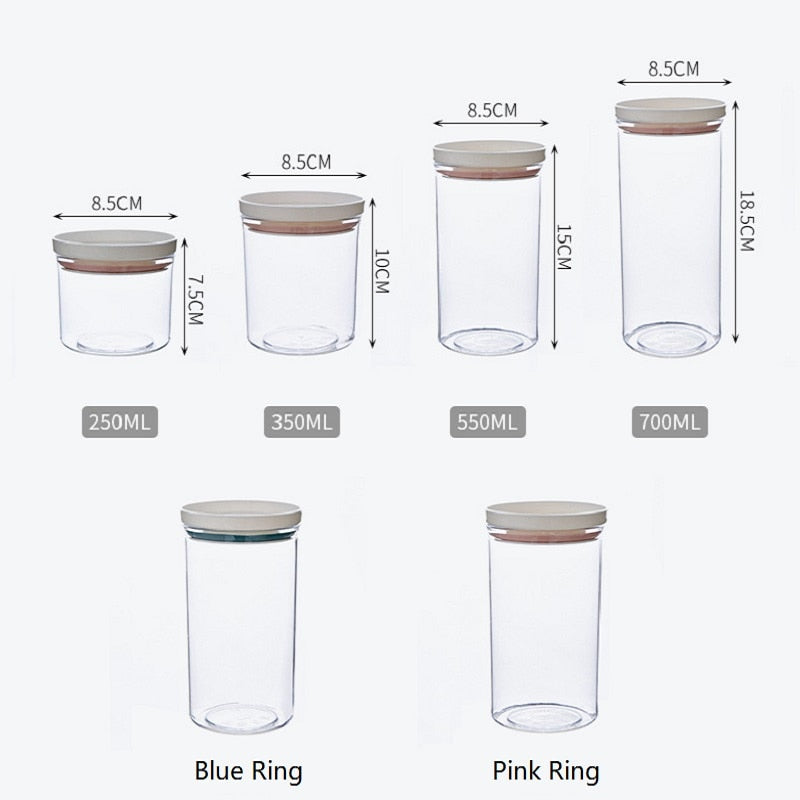 Sealed ring bottles kitchen storage box transparent food canister, available in 250ml, 350ml, 550ml, 700ml sizes, with pink and blue rings.