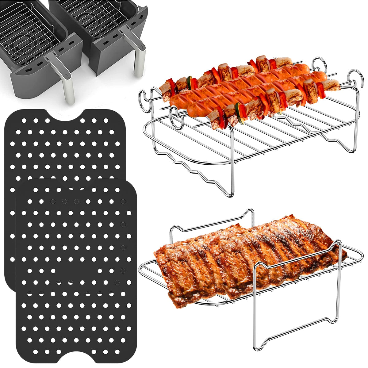 Air Fryer Accessories Set Stainless Steel Air Fryer Skewers Rack Silicone Mat Liner Heat-Resistant Grill BBQ Accessories 4Pcs - TheWellBeing1