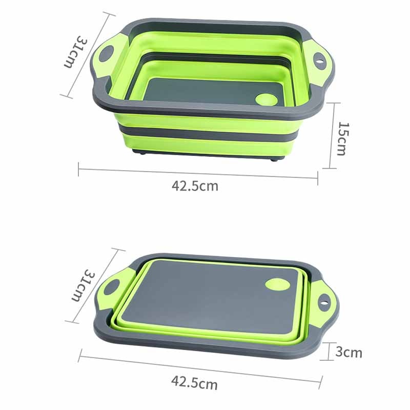 Folding cutting board with multifunctional collapsible sink, green and gray, shown in measurements.