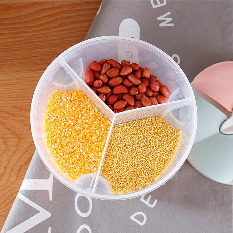 Transparent round food storage box with separate compartments, filled with grains, moisture-proof and sealed design.